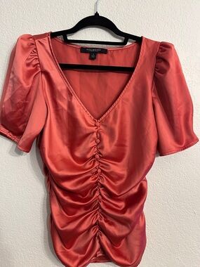Marc New York Coral-Red Satin Ruched V-Neck Blouse